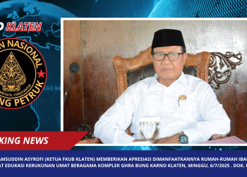 KH.Syamsuddin Asyrofi (Ketua FKUB Klaten) memberikan apresiasi dimanfaatkannya rumah-rumah ibadah di pusat edukasi kerukunan umat beragama komplek Ghra Bung Karno Klaten, Minggu, 6/7/2025 . Dok. FKUB