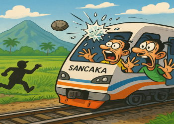 Ilustrasi Kereta Sancaka di lempar batu